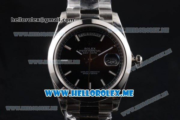 Rolex Day-Date Clone Rolex 3255 Automatic Stainless Steel Case/Bracelet with Black Dial and White Stick Markers - Click Image to Close